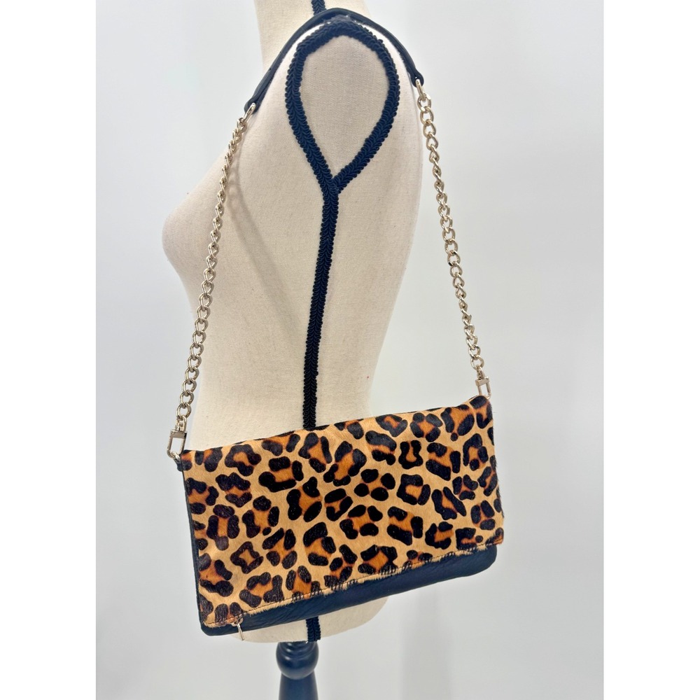 VTG Y2K Express Leather Faux Fur Leopard Print Fold Over Clutch Shoulder Bag
